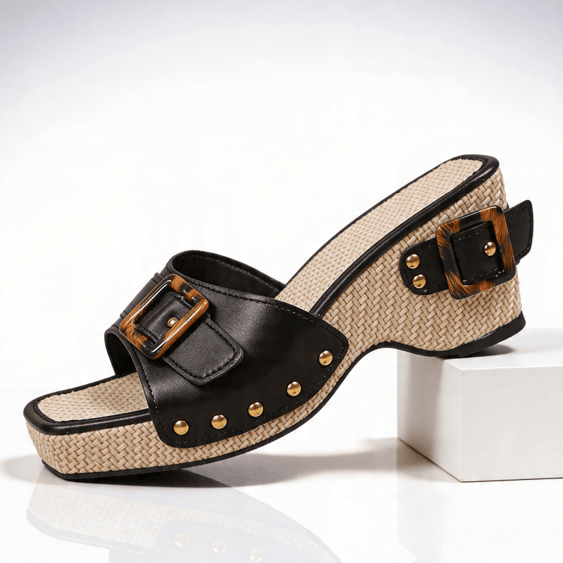 Wedge sandals for women with buckle and studs
