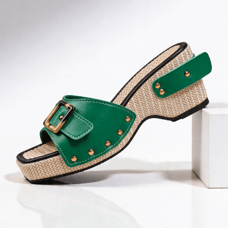 Wedge sandals for women with buckle and studs