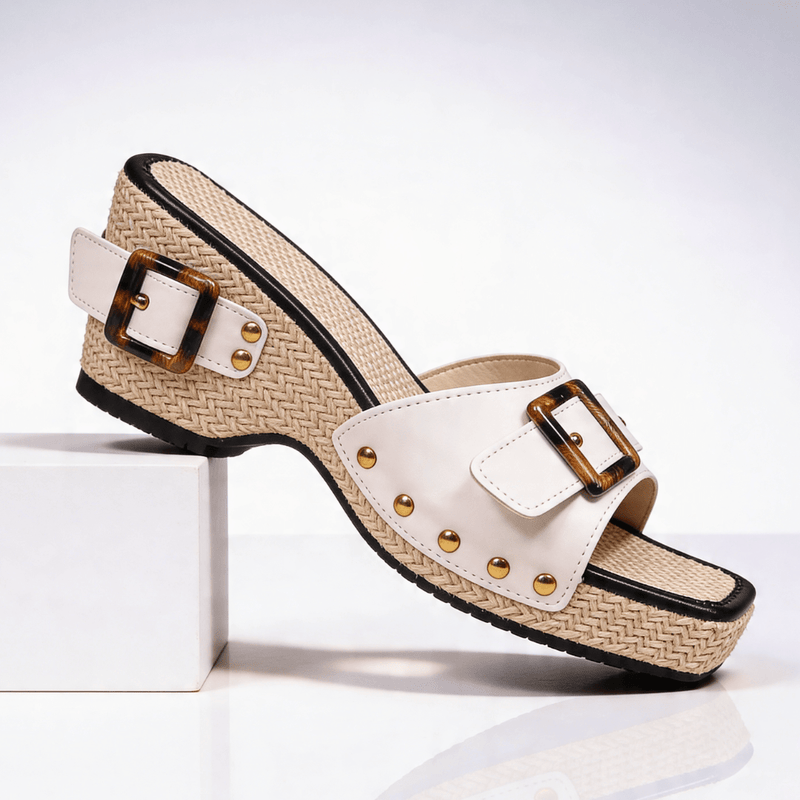 Wedge sandals for women with buckle and studs