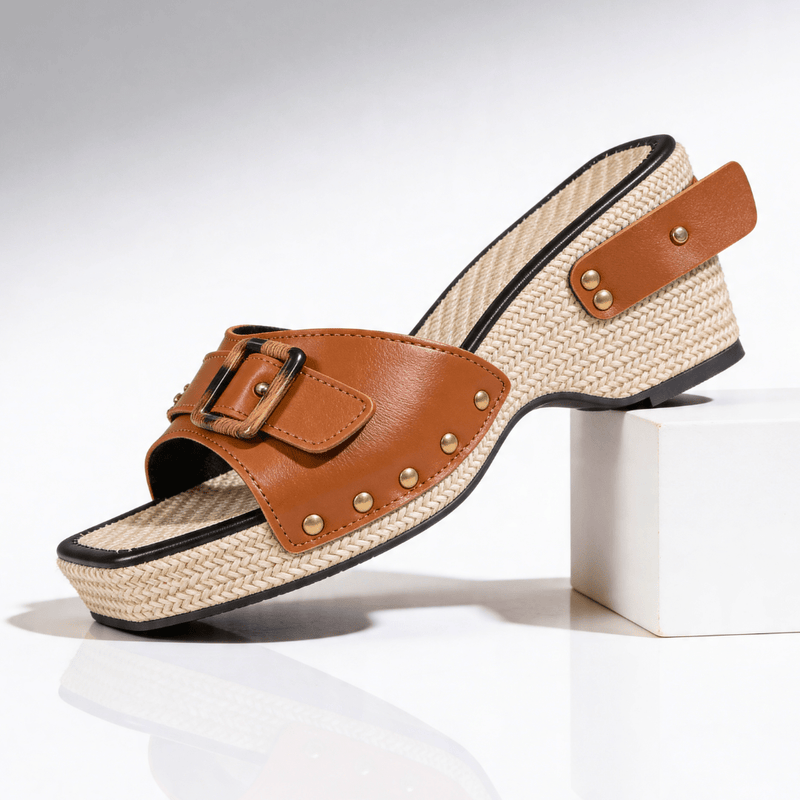 Wedge sandals for women with buckle and studs