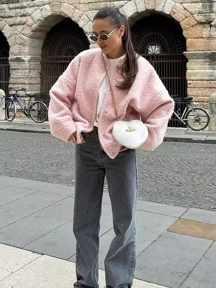 Short Oversized Teddy Jacket in Pink