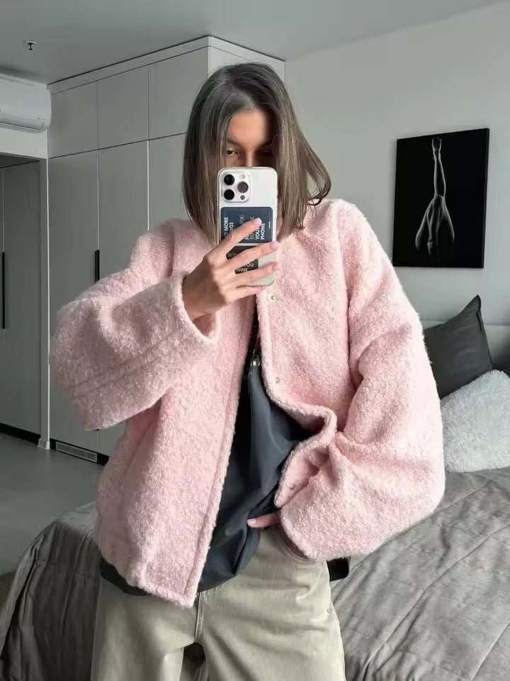 Short Oversized Teddy Jacket in Pink