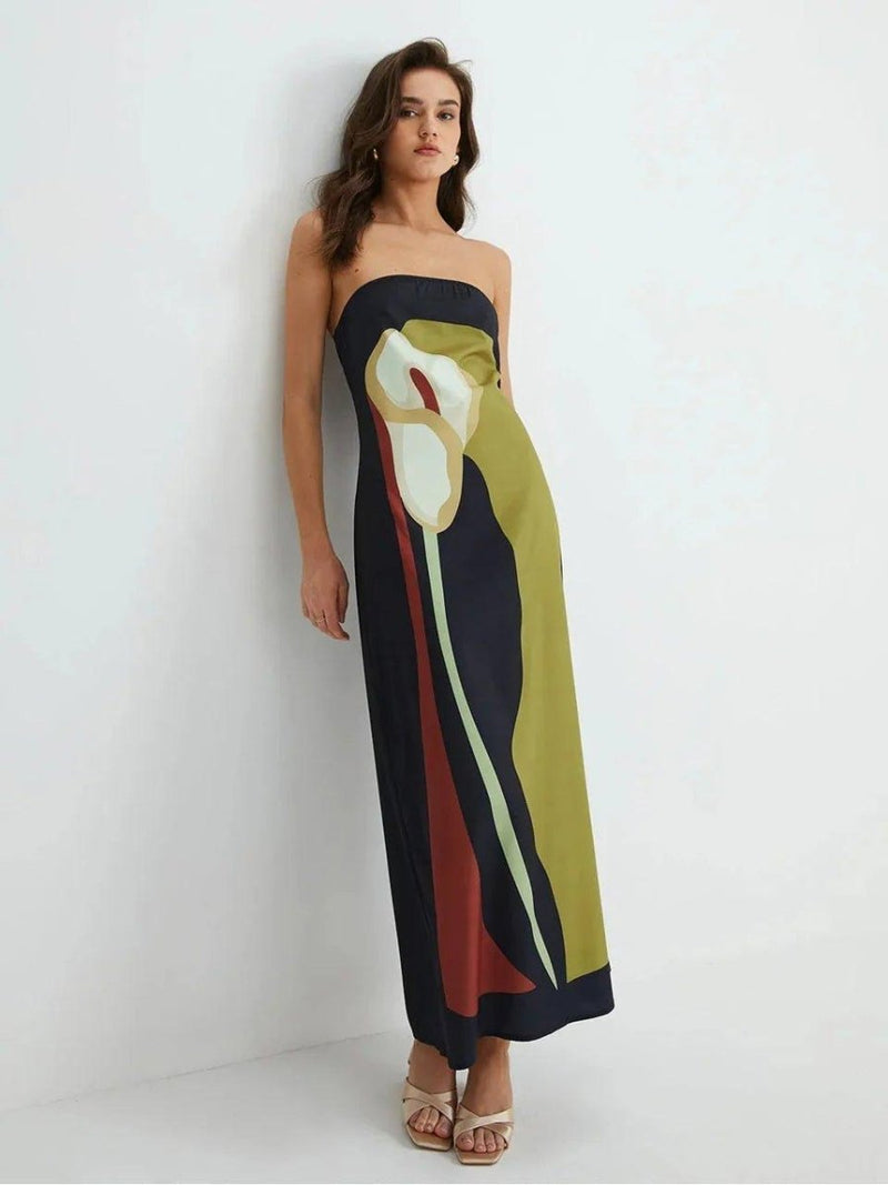 Lana – Bandeau Maxi Dress with Graphic Print