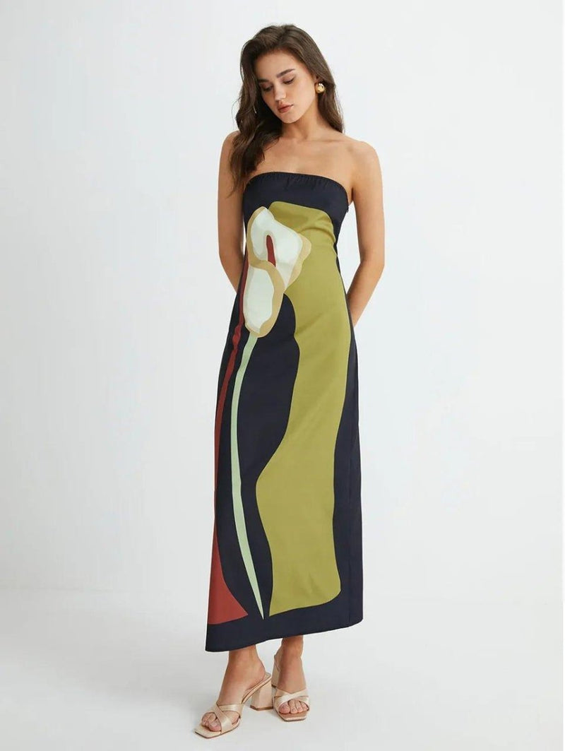 Lana – Bandeau Maxi Dress with Graphic Print