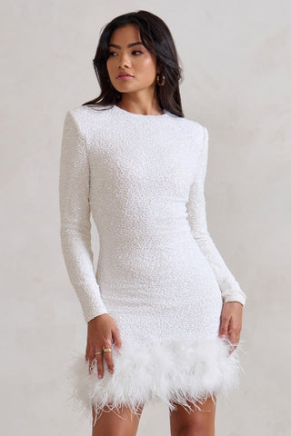 Langarm Mini Kleid Federsaum - Cecile LavelleWeiß