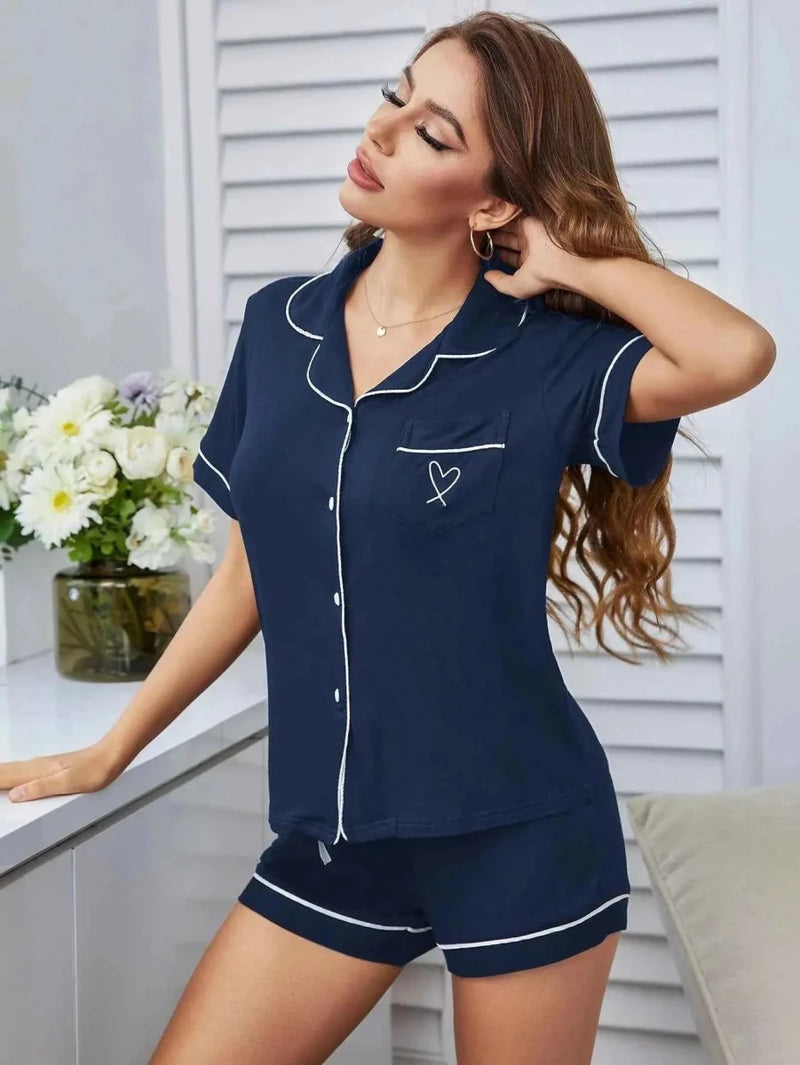 Leni – Short Women's Pajama Set with Heart Embroidery & Contrast Piping