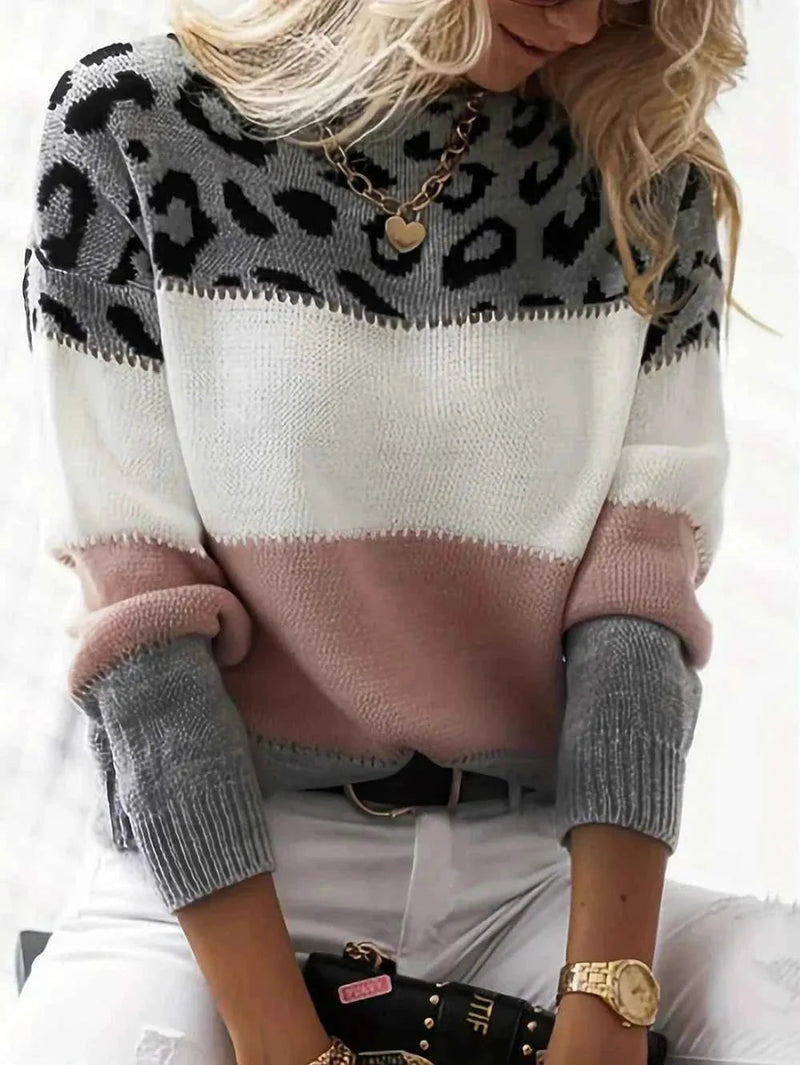 Leona – Damepullover med leopardmønster og colorblock