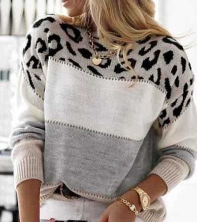 Leona – Damepullover med leopardmønster og colorblock
