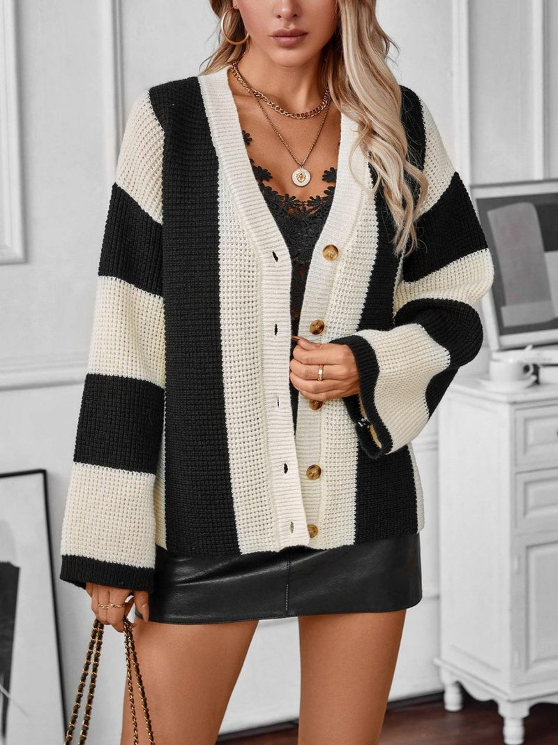 leonie – striped oversized knit cardigan in black & cream