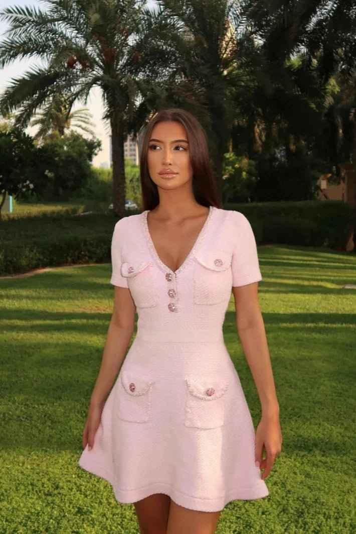 Léonie – Short Bouclé Dress with Decorative Buttons in Pastel Pink