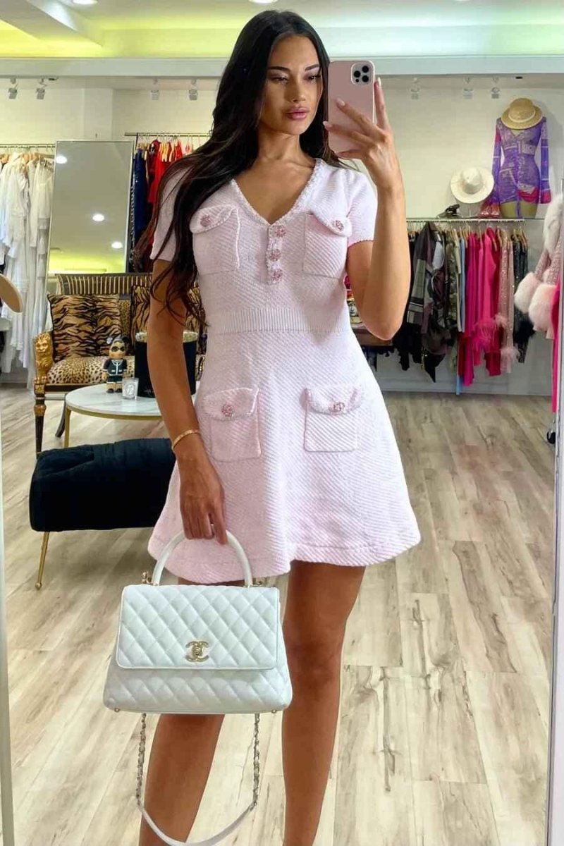Léonie – Short Bouclé Dress with Decorative Buttons in Pastel Pink