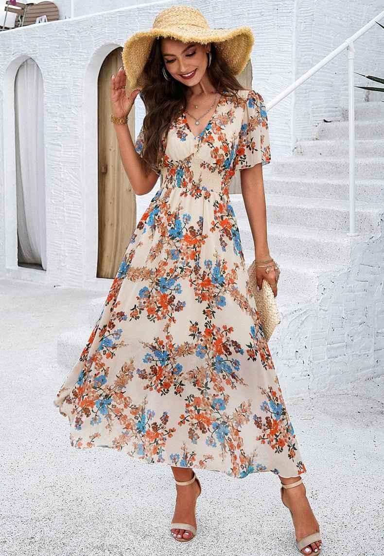 Liliana – Boho maxi dress with floral print, V-neckline, and smocked waist