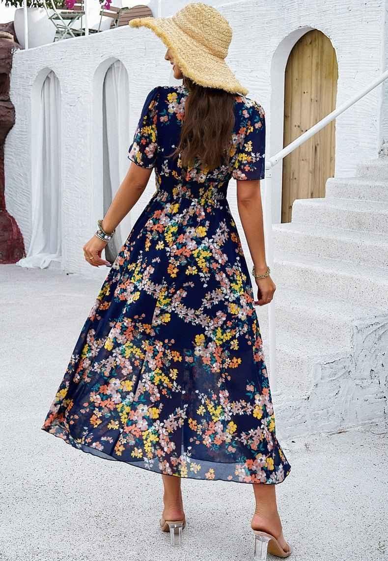 Liliana – Boho maxi dress with floral print, V-neckline, and smocked waist