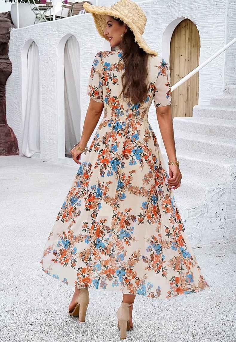 Liliana – Boho maxi dress with floral print, V-neckline, and smocked waist