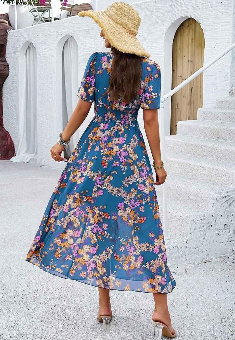 Liliana – Boho maxi dress with floral print, V-neckline, and smocked waist