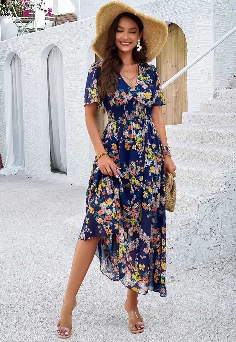 Liliana – Boho maxi dress with floral print, V-neckline, and smocked waist
