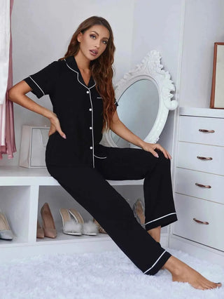 Lina – Elegantes Damen Pyjama Set mit Kontrastpaspel & Schleifenbund - Cecile LavelleS