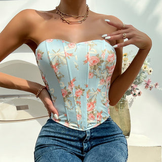 Lina – Floral Korsett - Top mit Herz - Ausschnitt & Zipper hinten - Cecile LavelleBlau