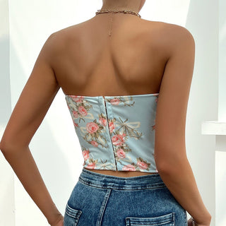 Lina – Floral Korsett - Top mit Herz - Ausschnitt & Zipper hinten - Cecile LavelleBlau