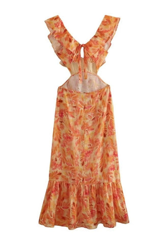 Liora – Feminines Maxikleid mit Volants und Cut - Outs im Aquarell - Print - Cecile LavelleOrange