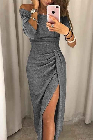 Liv – elegantes off - shoulder midi kleid mit schlitz, glitzerstoff und drapierter taille - Cecile LavelleGrau