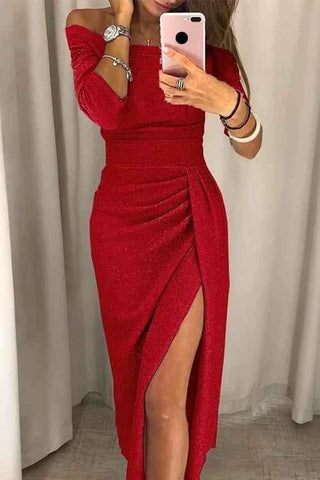 Liv – elegantes off - shoulder midi kleid mit schlitz, glitzerstoff und drapierter taille - Cecile LavelleRot
