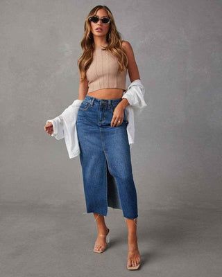 Liv – High Waist Jeansrock mit Schlitz und Raw - Cut - Saum - Cecile LavelleDunkelblau