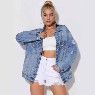 Leonie – oversized jeansjacke mit used-details und brusttaschen