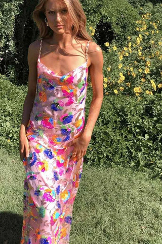 amelie – florales paillettenkleid mit rückenausschnitt & chain-straps