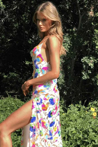 amelie – florales paillettenkleid mit rückenausschnitt & chain-straps