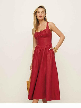 Lorena – Ärmelloses Midikleid mit gerafftem Bustier und ausgestelltem Rock aus Leinenmischung - Cecile LavelleS