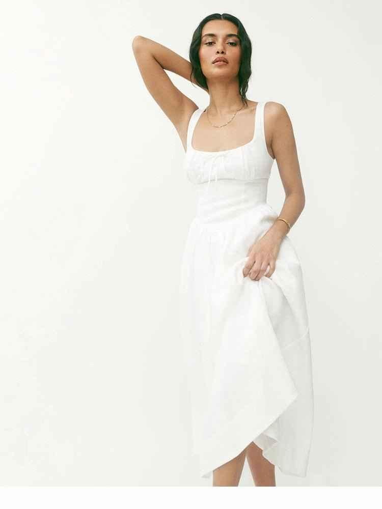 Lorena – sleeveless midi dress with ruched bustier and flared skirt in linen blend