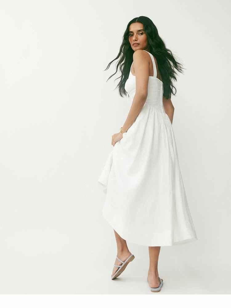 Lorena – sleeveless midi dress with ruched bustier and flared skirt in linen blend