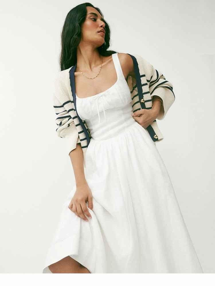 Lorena – sleeveless midi dress with ruched bustier and flared skirt in linen blend