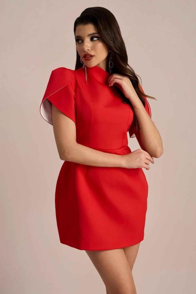 Lorena – Red mini dress with stand-up collar, back cut-out & bow