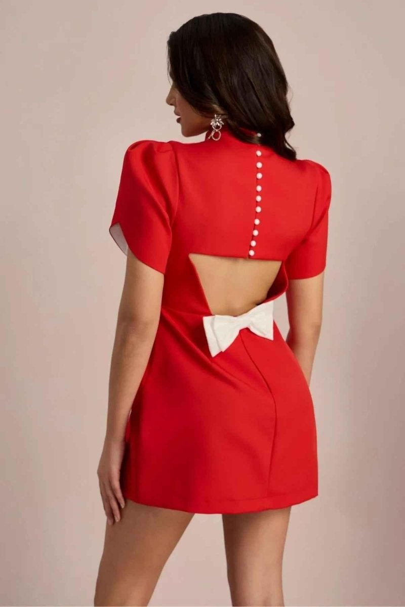 Lorena – Red mini dress with stand-up collar, back cut-out & bow