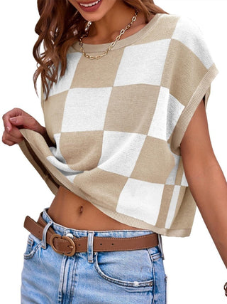 Lotta – Karierter Strick - Crop - Top mit Oversized - Kästchenmuster - Cecile LavelleBlau