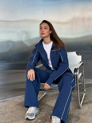 Loungewear Damen Set Zweiteilig Mit Stehkragen in Blau
