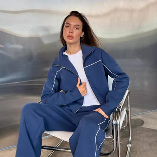 Loungewear Damen Set Zweiteilig Mit Stehkragen