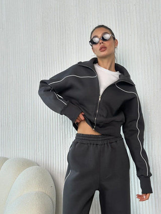 Loungewear Damen Set Zweiteilig Mit Stehkragen in Grau