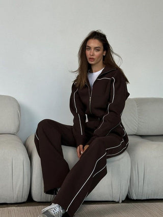 Loungewear Damen Set Zweiteilig Mit Stehkragen in Kaffeebraun