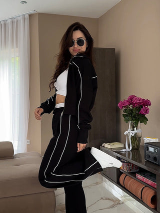 Loungewear Damen Set Zweiteilig Mit Stehkragen in Schwarz