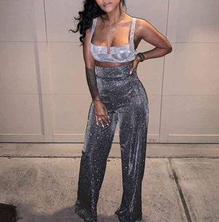 Luna – Glitzernde Schlaghose mit hoher Taille für Party - Nächte - Cecile LavelleDunkles Silber
