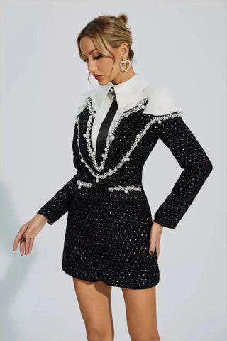 luna – perlenverziertes blazer - kleid mit kragen & glitzer - details - Cecile LavelleSchwarz