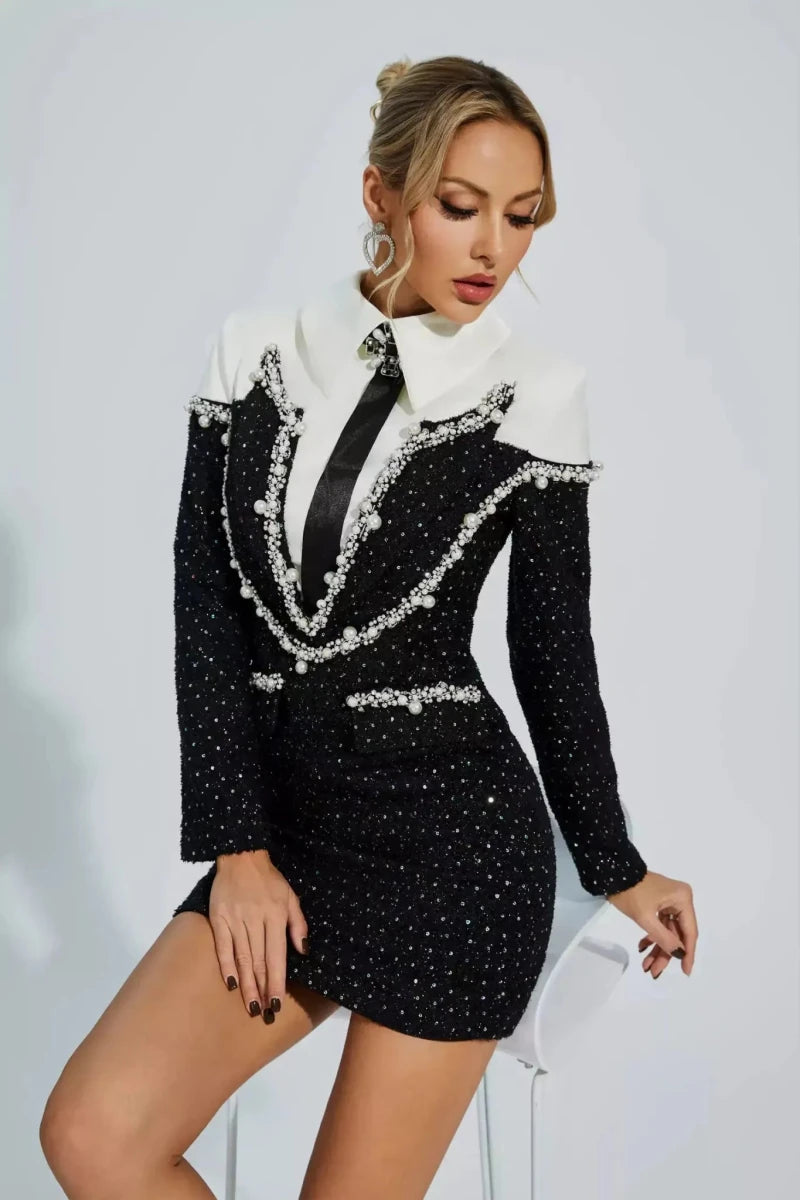 luna – pearl-embellished blazer dress with collar & glitter details