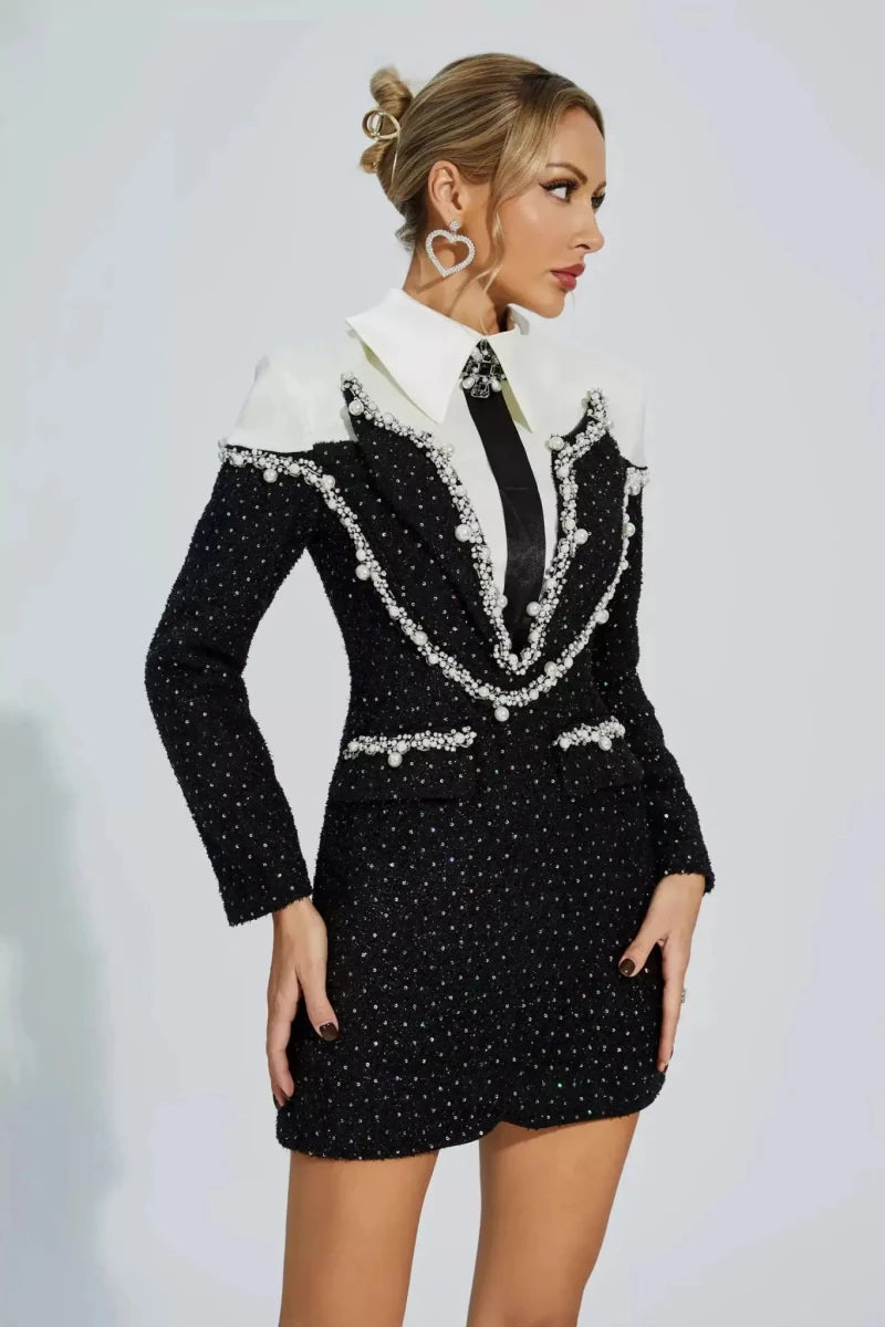 luna – pearl-embellished blazer dress with collar & glitter details