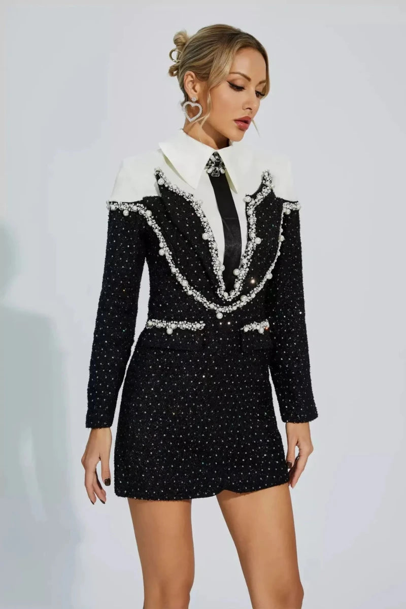 luna – pearl-embellished blazer dress with collar & glitter details