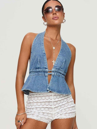 Luna – Rückenfreies Denim - Top mit tiefem V - Ausschnitt und Taillenbindung - Cecile LavelleBlau