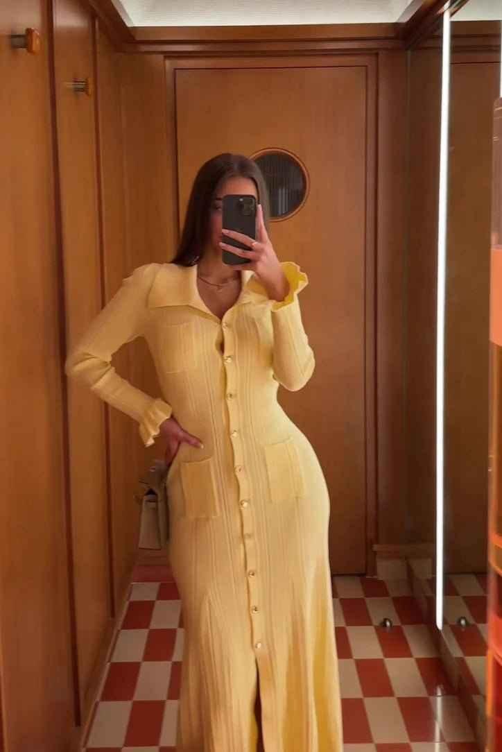 Mara – Elegant Shirt Dress with Button Placket in Pastel Yellow