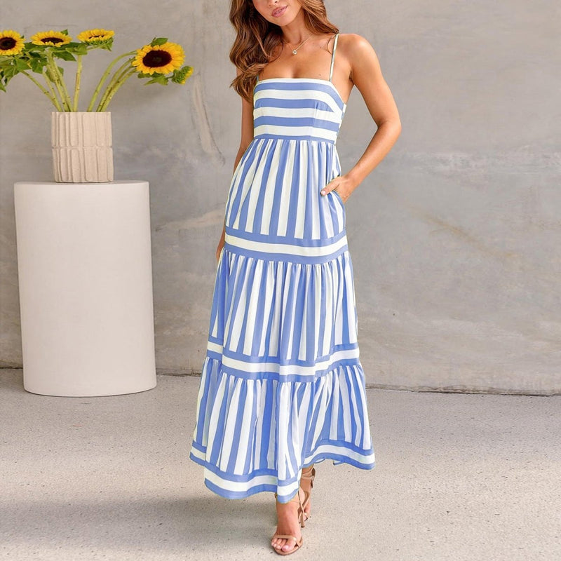 marina – striped maxi sundress with spaghetti straps & tiered skirt